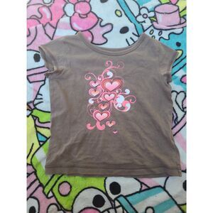 Kids Size XS Girls Cute Y2K Brown Pink Hearts Vintage Fashion Style Shirt Youth